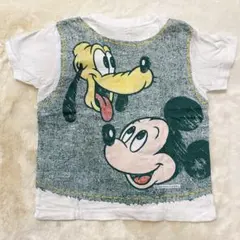 ディズニー　ミッキー　デニム風　キャラクター　半袖　Tシャツ　綿100 重ね着風