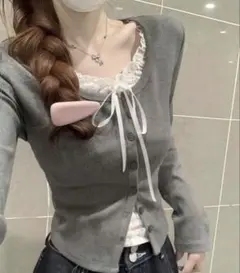 SHEIN シーイン グレー リボン レース ロンT トップス