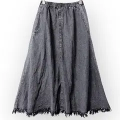 ブラック デニムロングスカート フレア カットオフ フリンジ ウエストゴム 古着