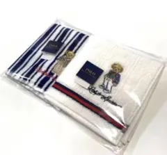 新品　ポロラルフローレン　タオルハンカチ　ポロベア刺繍　白　ストライプ　ギフト