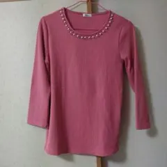ピンク リブ編み 長袖Tシャツ Mサイズ