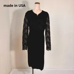 80s 90s USA製 レース 切り替え 長袖 ワンピース ブラックY1364