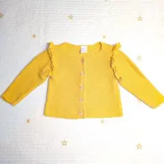 美品H&M 70cm 6~9ヵ月黄色マスタードイエローフリル ニットカーディガン