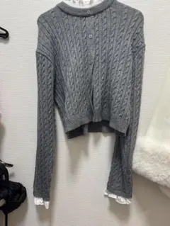 グレー ケーブル編み クロップドニット