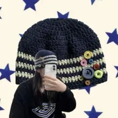 ビーニー　ハンドメイド　クラッシャーハット　かぎ針編み　編み物　ボタン　ネイビー