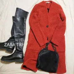 ZARA TRF ブークレーノーカラーニットコート シングル レッド 海外XSのサムネイル