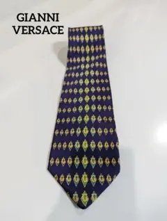 【美品】ジャンニヴェルサーチ ネイビー 金色菱形模様 シルクネクタイ