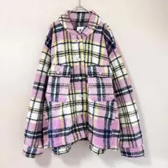 ◉ZARA　チェック柄ウールブレンドシャツジャケット　ビジューボタン　L　ピンクのサムネイル