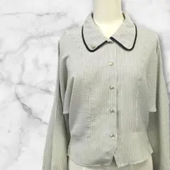 【2way】レトロブラウス　ストライプ　黒のパイピングデザイン　金ボタン