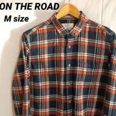 USA古着【M】ON THE ROAD フランネルシャツ チェック柄オレンジ 紺