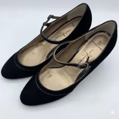 銀座かねまつ ハイヒール　黒 23.5cm ストラップ付 スエード ブラック