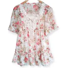 【新品未使用】L'EST ROSE 花柄ブラウス 半袖 レース 白 ピンク