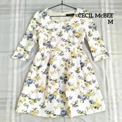CECIL McBEE 花柄 七分袖 ワンピース 白 M