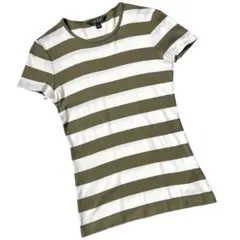 【美品】ローレンラルフローレン　半袖　Tシャツ　ボーダー柄　カーキ×ホワイト　Mのサムネイル