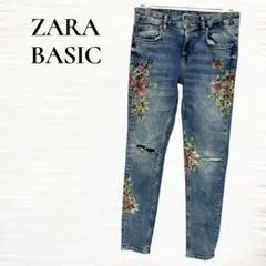 ZARA BASIC/スキニーデニムパンツ/XS/ダメージ加工/花柄/ブルー