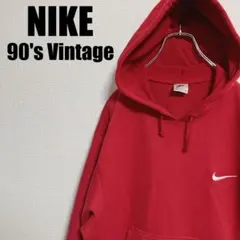 90sナイキNIKEワンポイントスウッシュ刺繍スウェットパーカー銀タグXLレッド
