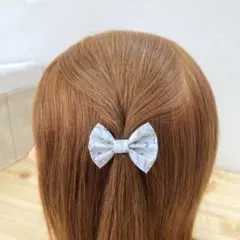 爽やかサックスブルー 小花柄のぷっくりリボンヘアゴム 2個セット