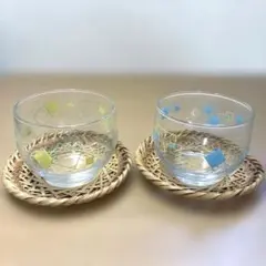 冷茶グラス　ガラス食器　竹製茶托　2客セット　イエロー　ブルー　昭和レトロ