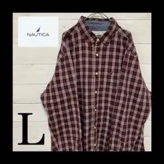 US古着　NAUTICA チェックシャツ　刺繍ロゴ　長袖　L