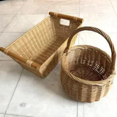 人気！籐カゴ2点セット　おまけ（木製コースター4個付き）天然素材　ラタン