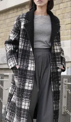 【新品】ボアフリースコート チェックロングコート 3XL白黒 Aラインコート