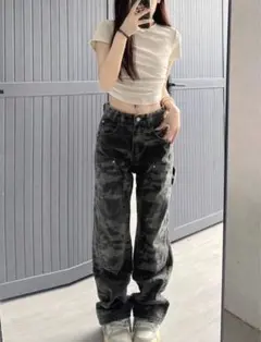 SHEIN 迷彩柄 ワイドレッグ デニムパンツ XS 迷彩グレー カモフラージュ