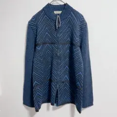 ジャガードニット　ウール混　イタリア製　タートルネック　青　ブルー　総柄