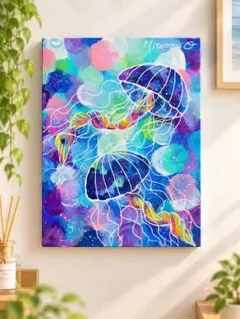 夜空のようなクラゲの原画 F3号キャンバス 絵画 一点もの アクリル画