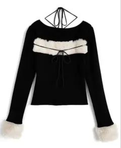 GRL ファーホルターネックリボンニットトップス （ru1387） ブラック