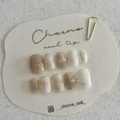 現品　No.26 ネイルチップ　ホワイト　ブラウン　リボン　ニュアンス