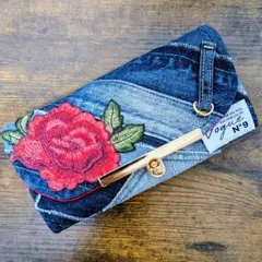 デニムリメイク 長財布 薔薇刺繍 一点物