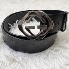 極美品　グッチ ベルト インターロッキング シマ GG レザー シルバー