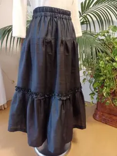 【着物リメイク】】ロングスカート、ティアードスカート、シルク100％、裏地付、L