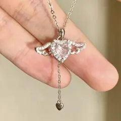 ウィング　ハート　ネックレス　ピンク　シルバー　量産型　地雷系　ラインストーン