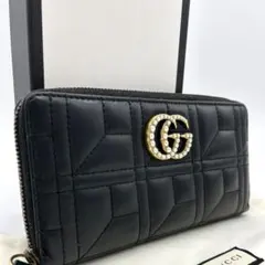 【極美品】グッチ 長財布 GG マーモント パール 黒 レザー キルティング