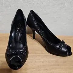 【DIANA美品】 オープントゥ ハイヒール　リボン　23cm　白ステッチ　黒