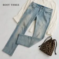 ROOT THREE ストレッチデニム L ダメージ加工 ライトブルー 美脚のサムネイル