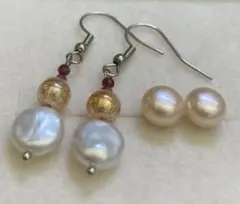 326 淡水真珠 天然石水晶 フック スタッド ピアス 2点セット