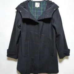 ✦earth フード付きコート ネイビー チェック裏地 ミドル丈 トグル【M】