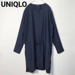 ✨美品✨ ユニクロ ロングシャツ ブラウス L ノーカラー レーヨン混 長袖 紺のサムネイル