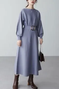 ナチュラルクチュール　ワンピース　フレア　ニット　丸ベルト　ブルー