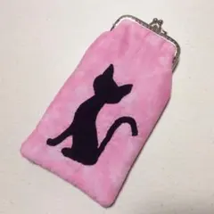 黒猫のがま口ポーチ(ピンク、中グレー)