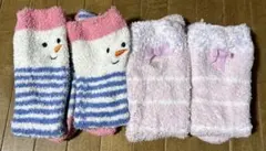 雪だるま　リボン　モコモコ靴下　ロング