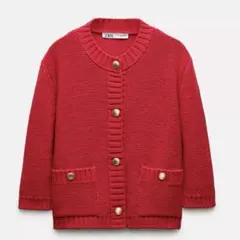 ZARA 高見え レッド カーディガン M 金ボタン クロップド丈 七部袖