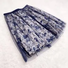 マッキントッシュフィロソフィー　花柄チュールスカート　ネイビー