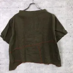 오렌지 록 스티치 비대칭 모의 목 린넨 반팔 탑스