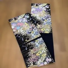 高級 正絹 袋帯 着物 フォーマル ブラック シルバー 紺　柄花