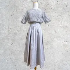 刺繍レース切替え/5分袖/ロング丈/結婚式/パーティードレス/女子会/1820