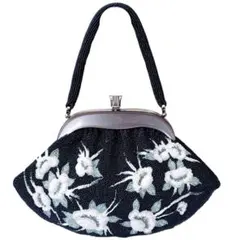 手刺繍 総ビーズバッグ 花柄 ワンハンドル がま口 和装バッグ ハンドメイド