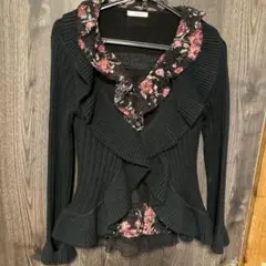 フリル付き黒リブ編みカーディガン　カットソー付き　レトロ　古着